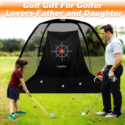 Father and daughter using Quiet Indoor Golf Net 8X6 Feet With Target For Practice in a grassy area, portable driving range for beginners