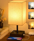 Three Color Touch Table Lamp With Dimmable Brightness And 2700K 4000K 5000K Color Temperature USB Ports And AC Outlets Black Base Beige Shade
