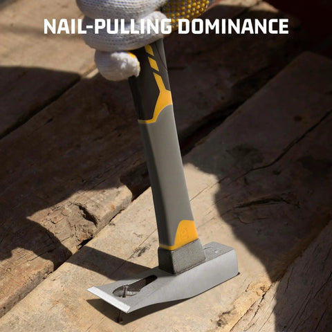 All In One Pry Bar Hammer With Nail Puller, 12.5 Inch heavy duty multi tool in use on wooden surface, close-up of nail extraction