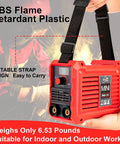 Person holding 110V Mini Arc Welder 200A MMA Welding Machine With IGBT Digital LCD Display showing portable strap feature