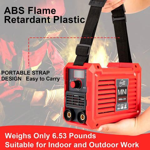Person holding 110V Mini Arc Welder 200A MMA Welding Machine With IGBT Digital LCD Display showing portable strap feature