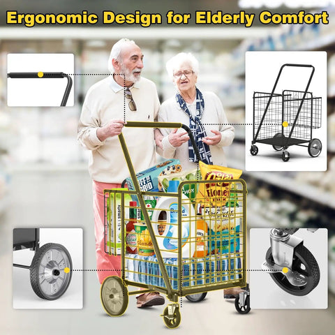 Elderly couple using Beastly Folding Shopping Cart With 5.7 Cu Ft Space, 600 Lb Capacity, showcasing ergonomic handle and swivel wheels.
