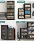Heavy Duty Lockable Plastic Storage Bins 8 Pack Collapsible Stackable Organizers in bedroom, bathroom, garage, and office setup.