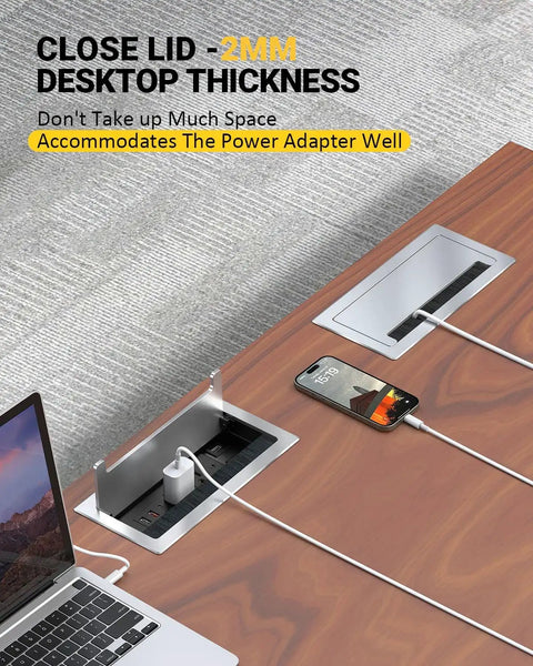 Pop Up Power Strip With PD 30W USB Ports For Table Conference Room And Countertop Use, Recessed Grommet Outlet Hub shown open