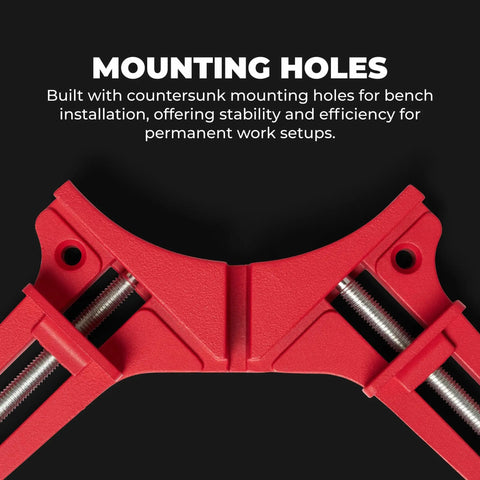 Close-up of red Right Angle Wood Clamp For Precise 90 Degree Joints In Woodworking Premium Clamp Set with mounting holes