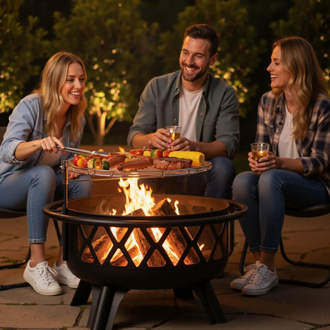 30 Inch Outdoor Fire Pit With Spark Screen And Grill, Portable Wood Burning Patio Heater for outside backyards with people