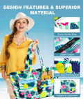 Woman holding Extra Large Waterproof Beach Bag With Zipper And Wet Compartment; colorful design with tropical print.