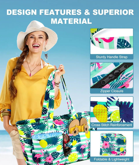 Woman holding Extra Large Waterproof Beach Bag With Zipper And Wet Compartment; colorful design with tropical print.