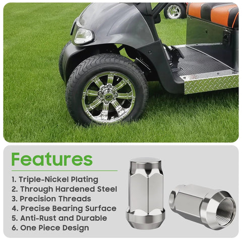 Chrome Golf Cart Lug Nuts Set 16 For EZGO And Club Car, showroom features list with detailed specifications