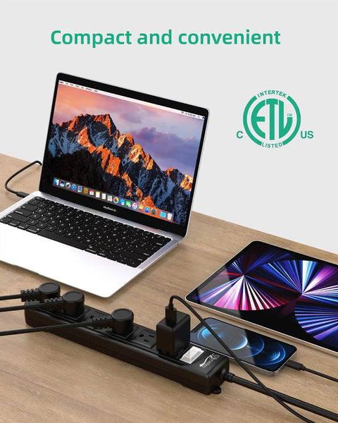 Weatherproof Outdoor Power Strip With Six Outlets Six Foot Extension Cord 1875W Surge Protector on desk with laptop and phone