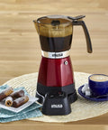 Electric Espresso Moka Maker For 3 To 6 Cups, 48 Oz Capacity, Red shown with coffee and pastries on a table.