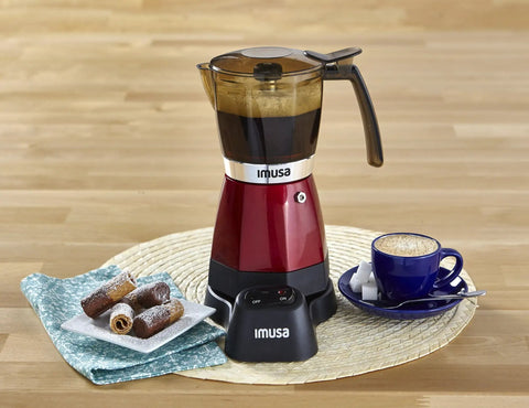 Electric Espresso Moka Maker For 3 To 6 Cups, 48 Oz Capacity, Red shown with coffee and pastries on a table.