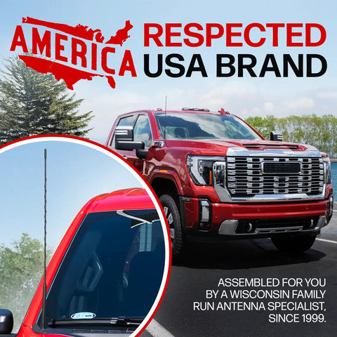 23 Inch EPDM Rubber Replacement Antenna For Ford F Series F150 F250 F350 Chevy Silverado GMC Sierra Jeep Wrangler Toyota Tacoma Tundra FJ Cruiser Car Wash Proof Universal Fit Built Tough For Rugged Rides displayed on a pickup truck