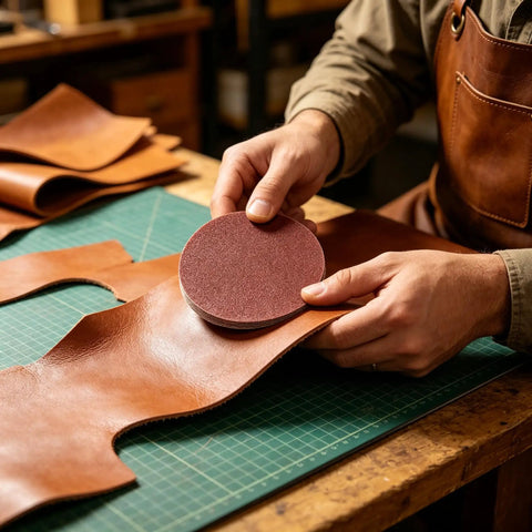 100 Pack 3 Inch 80 Grit Sanding Discs With Hook Loop Backing For Drills And Grinders on leather during workshop project.