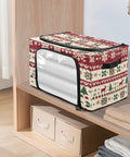 No Sweat Heavy Duty Foldable Storage Bin With Clear Front Window And Dual Zipper Openings For Effortless Seasonal Item Organization Featuring Cheerful Holiday Stripes on shelf.