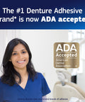 Smiling dentist with text stating Ultra Max Hold Denture Adhesive Cream For Full And Partial Dentures 2.2oz Tubes Pack Of Four.