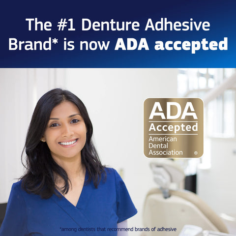 Smiling dentist with text stating Ultra Max Hold Denture Adhesive Cream For Full And Partial Dentures 2.2oz Tubes Pack Of Four.
