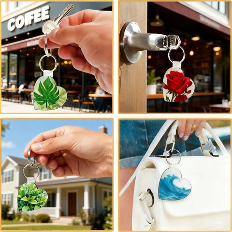 Bulk Sublimation Keychain Blanks Set For Heat Press DIY Projects displayed with key and bag, featuring various designs.