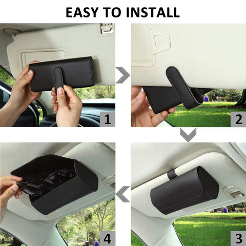 Premium Leather Car Sun Visor Sunglasses Holder, 2 Pack Universal Eyeglass Case With Secure Magnetic Snap, sleek display of installation steps.
