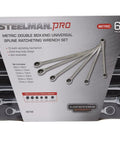 Hard Working 6 Piece Metric Double Box End Ratcheting Wrench Set With Universal Spline Heads And Slick Chrome Vanadium Finish in packaging.