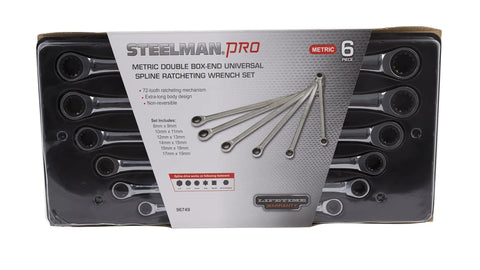 Hard Working 6 Piece Metric Double Box End Ratcheting Wrench Set With Universal Spline Heads And Slick Chrome Vanadium Finish in packaging.
