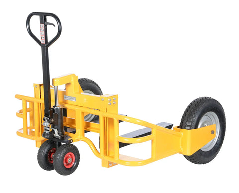 Heavy Duty All Terrain Steel Pallet Truck With Pneumatic Tires And Smooth Steering Glides Over Rough Ground Loads Up To Two Thousand Five Hundred Pounds Without A Sweat On Thirty Two Inch Forks Perfect Yard And Warehouse Workhorse, showing front view with handle.