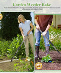 Adjustable Long Handle Garden Weeding Rake 27 To 60 Inches Heavy Duty 6 Teeth Manganese Steel shown in use in garden