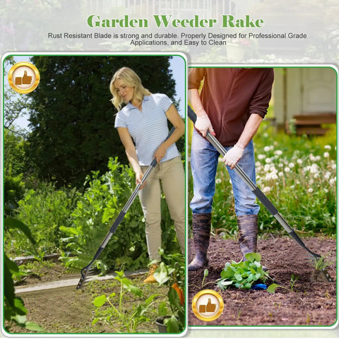 Adjustable Long Handle Garden Weeding Rake 27 To 60 Inches Heavy Duty 6 Teeth Manganese Steel shown in use in garden