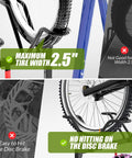 Two Bike Floor Stand Freestanding Bicycle Parking Rack For Garage Indoor Outdoor With Hooks Durable Metal Cycle Storage Organizer For Road And Mountain Bikes Adjustable Tire Width showing features for 2.5-inch tire width and disc brake protection.