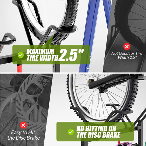 Two Bike Floor Stand Freestanding Bicycle Parking Rack For Garage Indoor Outdoor With Hooks Durable Metal Cycle Storage Organizer For Road And Mountain Bikes Adjustable Tire Width showing features for 2.5-inch tire width and disc brake protection.