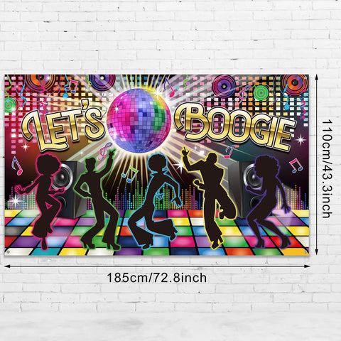Disco Theme Photo Booth Backdrop Lets Boogie For 60s 70s 80s 90s Parties, Large Fabric Backdrop Banner, Neon Dancing Night Decor, Birthday Party Supplies, 72.8 X 43.3 Inches