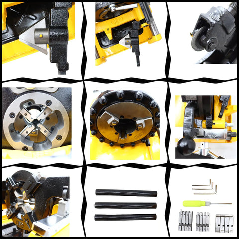 Heavy Duty Electric Pipe Threader 220V Threading Cutter tool details including precision alloy steel dies and accessories.
