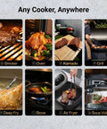 Sync Gold Wireless Meat Thermometer With Sub 1G Signal Pro Level Stability shown with various cooking methods: grill, oven, smoker.