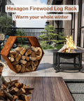 Hexagon Firewood Log Rack Built Tough With Honeycomb Design filled with firewood, placed outdoors beside a fire pit.