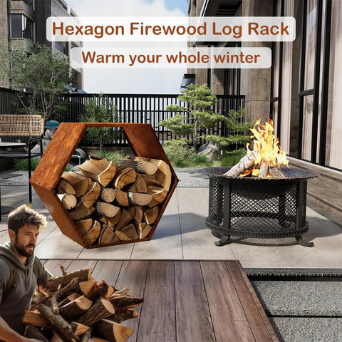 Hexagon Firewood Log Rack Built Tough With Honeycomb Design filled with firewood, placed outdoors beside a fire pit.