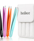 Colorful thickened 430 stainless steel slant point tweezers with flat hook and leather travel case for men and women