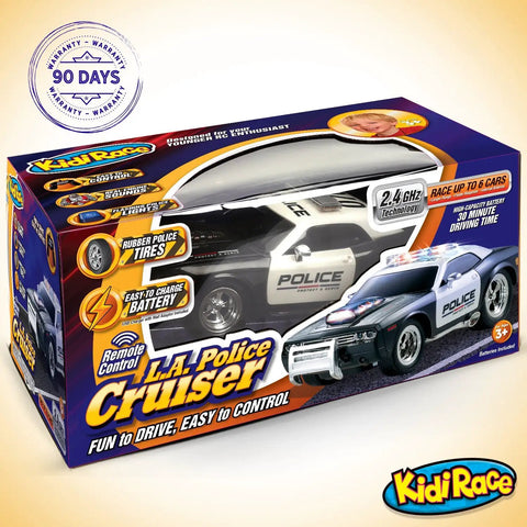 Packaging of Rechargeable Police RC Car For Kids With Lights And Siren, 2.4GHz, showing the toy car with graphics and features.