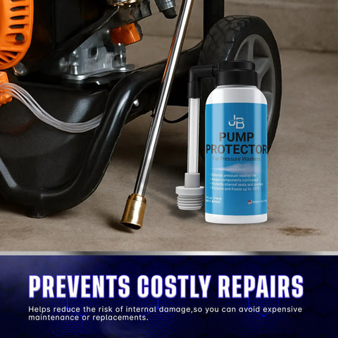 Pressure Washer Pump Saver Antifreeze And Lubricant 4 Oz bottle next to pressure washer, prevents costly repairs to -25°F