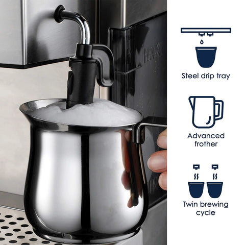 Top Tier 15 Bar Pump Espresso And Cappuccino Machine brews milk foam with advanced frother and steel drip tray.