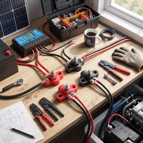Battery Power Distribution Terminal Blocks Set Red and Black Insulated Ground Junction Posts with Single Studs for Cars and 12V 24V Systems Heavy Duty Durable Plastic Base Stainless Steel Bolts Brass Gaskets for Neat Wiring on workbench