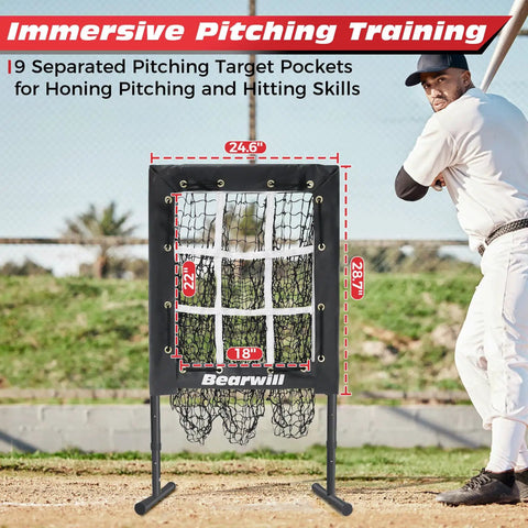 Baseball player using 9 Hole Pitching Net With Adjustable Height And 18 By 22 Strike Zone Baseball And Softball Practice Target.