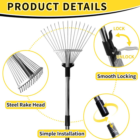 Heavy Duty Adjustable Leaf Rake With Extendable 33 To 69 Inch Handle And 8 To 15 Inch Expandable Head for yard work