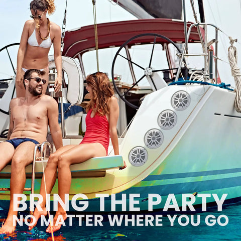 Marine boat 6.5 inch speaker and 4 channel amplifier bundle installed on yacht, 500 max per channel, Bluetooth remote visible