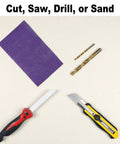 Ceramic fiber board insulation panel, purple, with two drill bits and two utility knives on a light background.
