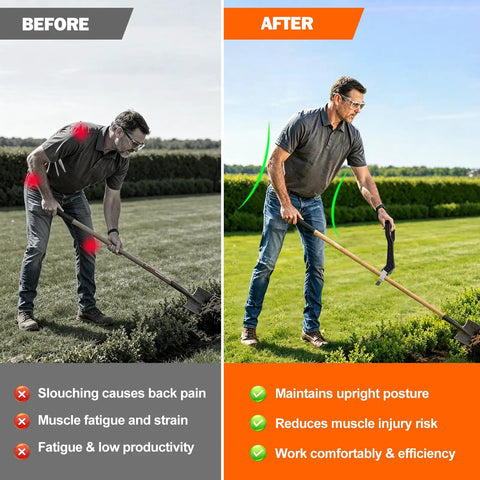 Before and after comparison of Heavy Duty Universal Replacement Handle Featuring Quick Lock Clamp For Shovels Weed Eaters And Snow Blowers.