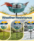 Solar Powered Bird Bath Fountain For Outdoors With Weather Resistant ABS Bowl And Ground Stake Includes 4 Detachable Support Rods For Stable Fountain No Splash Setup Garden Bird Bath One Point Four Five Gallons Green shown with birds.