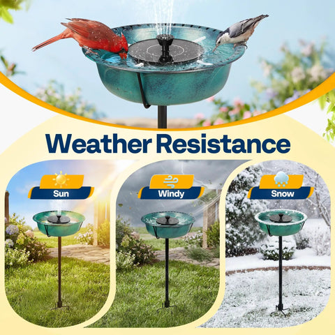 Solar Powered Bird Bath Fountain For Outdoors With Weather Resistant ABS Bowl And Ground Stake Includes 4 Detachable Support Rods For Stable Fountain No Splash Setup Garden Bird Bath One Point Four Five Gallons Green shown with birds.