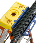 Blue Ladder Accessory Kit With Open Storage Channel And Utility Hooks on a stepladder corner view