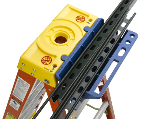 Blue Ladder Accessory Kit With Open Storage Channel And Utility Hooks on a stepladder corner view