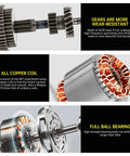 Premium 250W 110V Adjustable Gear Reducer Motor details: steel gears, pure copper coils, and ball bearings.